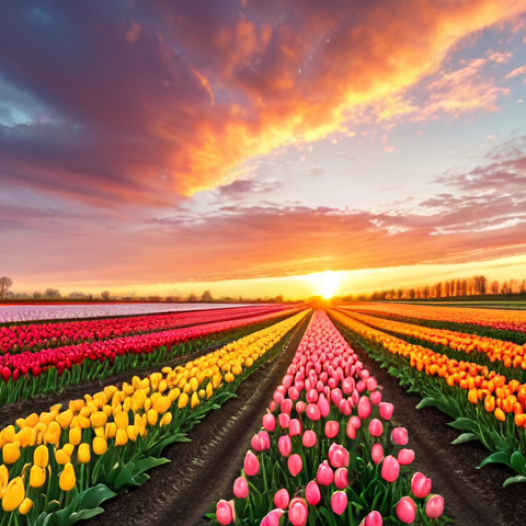 **

A stunning sunset over a vibrant tulip field in the Dutch countryside, with a rental car parked on a nearby road. Capture the golden hour light and the vast expanse of colorful tulips.

**