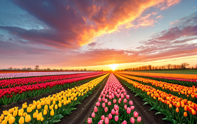 **

A stunning sunset over a vibrant tulip field in the Dutch countryside, with a rental car parked on a nearby road. Capture the golden hour light and the vast expanse of colorful tulips.

**