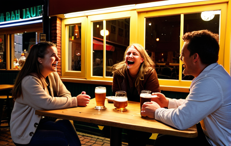 **Prompt:** A cozy Dutch "bruin café" (brown cafe) at night. Warm lighting, people laughing and talking, a table with "bitterballen" and Dutch beer. The scene should evoke "gezelligheid."