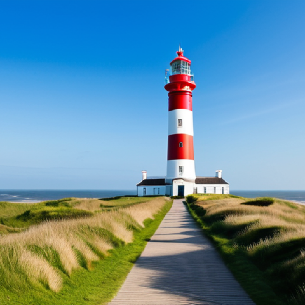 De Ven Lighthouse, Texel Island**

"A scenic view of the De Ven Lighthouse on Texel Island, Netherlands, during a sunny day. The lighthouse is red and cylindrical, standing prominently against a blue sky and the North Sea. Lush green dunes surround the base of the lighthouse. Fully clothed tourists are visible in the distance, enjoying the landscape. Appropriate attire, safe for work, professional photography, perfect anatomy, natural proportions, clear details, high quality, family-friendly."

**