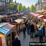 네덜란드에서 쇼핑할 때 할인받는 방법 - A bustling Dutch outdoor flea market scene on a sunny day, with diverse shoppers browsing colorful s...