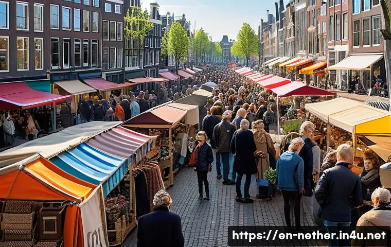 네덜란드에서 쇼핑할 때 할인받는 방법 - A bustling Dutch outdoor flea market scene on a sunny day, with diverse shoppers browsing colorful s...