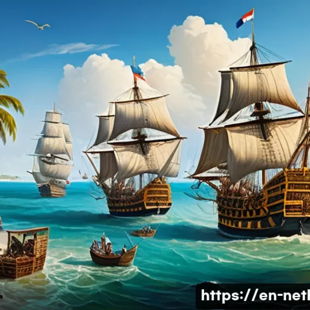네덜란드 동인도 회사의 역사와 영향 - A detailed 17th-century Dutch East India Company (VOC) maritime scene showing a fleet of fluyt ships...