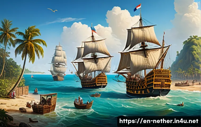네덜란드 동인도 회사의 역사와 영향 - A detailed 17th-century Dutch East India Company (VOC) maritime scene showing a fleet of fluyt ships...
