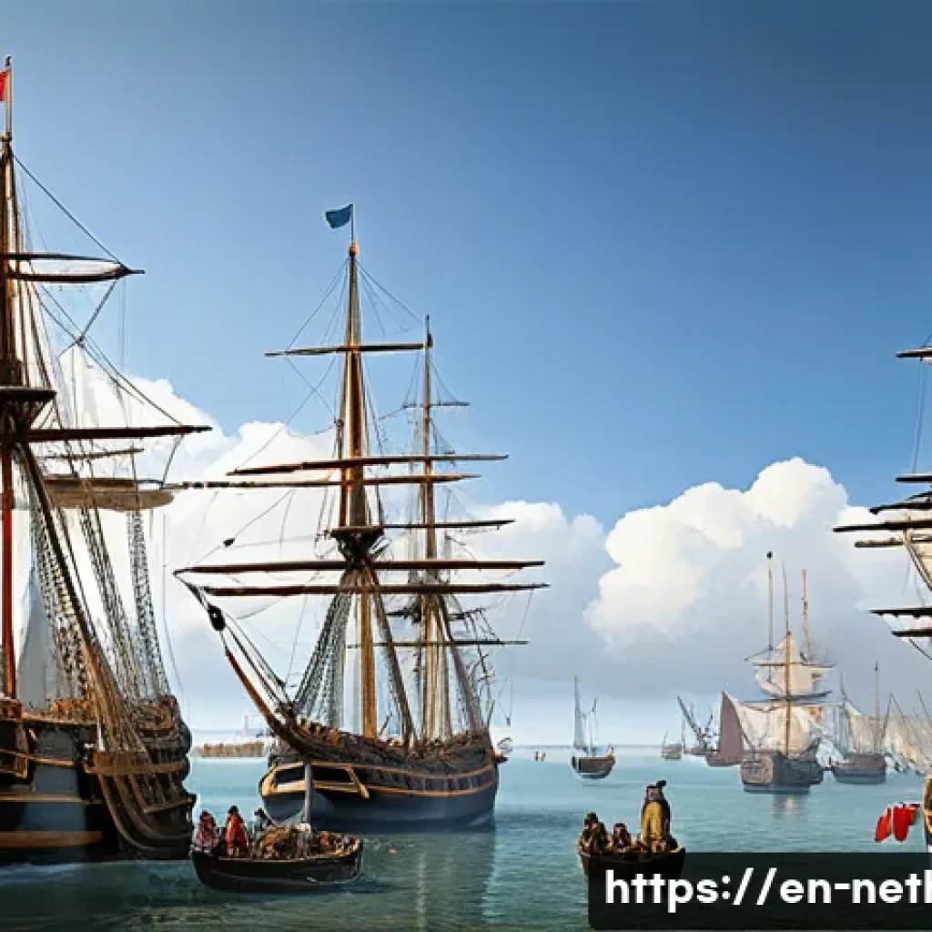 네덜란드 독립 전쟁의 배경과 결과 - A detailed 16th-century Dutch harbor scene bustling with merchants and shipbuilders, showcasing larg...
