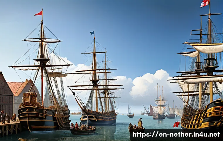네덜란드 독립 전쟁의 배경과 결과 - A detailed 16th-century Dutch harbor scene bustling with merchants and shipbuilders, showcasing larg...