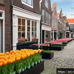 네덜란드에서 유명한 쇼핑몰과 브랜드 - A vibrant Dutch urban shopping street scene in springtime, featuring a harmonious blend of historic ...