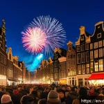 네덜란드에서 새해 맞이 행사 - A lively New Year&rsquo;s Eve scene in Amsterdam&rsquo;s Dam Square featuring a diverse crowd warmly dressed in ...