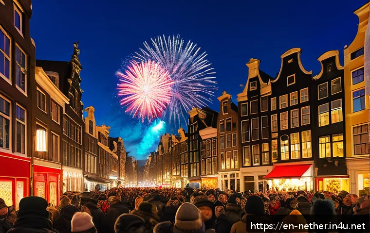 네덜란드에서 새해 맞이 행사 - A lively New Year&rsquo;s Eve scene in Amsterdam&rsquo;s Dam Square featuring a diverse crowd warmly dressed in ...