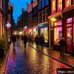 네덜란드 홍등가 방문 시 주의사항 - A respectful nighttime street scene in Amsterdam&rsquo;s Red Light District featuring cobblestone streets ...