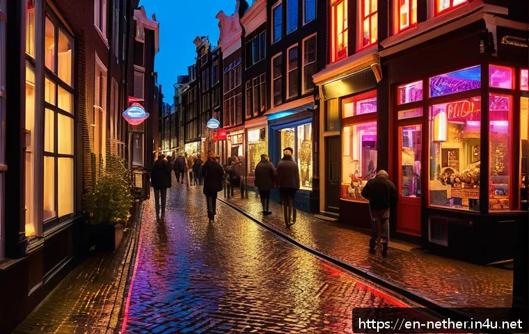 네덜란드 홍등가 방문 시 주의사항 - A respectful nighttime street scene in Amsterdam&rsquo;s Red Light District featuring cobblestone streets ...