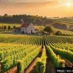 네덜란드에서 방문해야 할 와이너리 - A serene Dutch vineyard landscape in early autumn, showcasing rows of lush green grapevines with clu...