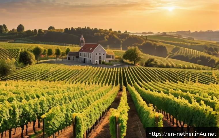 네덜란드에서 방문해야 할 와이너리 - A serene Dutch vineyard landscape in early autumn, showcasing rows of lush green grapevines with clu...