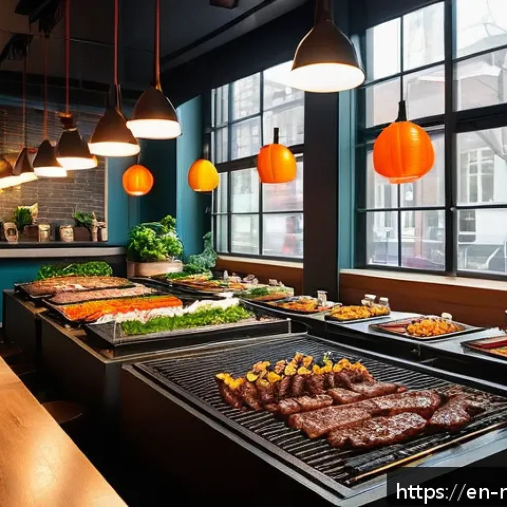 네덜란드에서 한국 음식점 추천 - A vibrant Korean barbecue restaurant interior in Amsterdam with modern and lively ambiance, featurin...