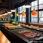 네덜란드에서 한국 음식점 추천 - A vibrant Korean barbecue restaurant interior in Amsterdam with modern and lively ambiance, featurin...