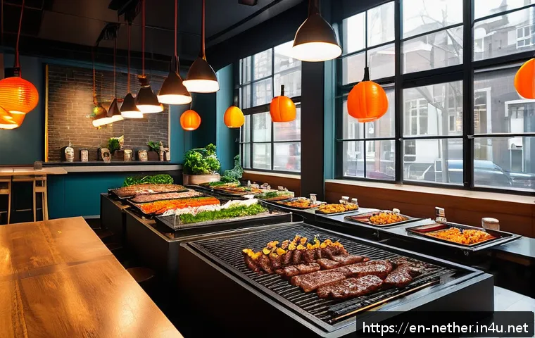 네덜란드에서 한국 음식점 추천 - A vibrant Korean barbecue restaurant interior in Amsterdam with modern and lively ambiance, featurin...