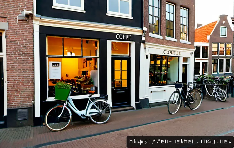 Home 17 네덜란드의 마리화나 합법화 배경과 현실 - Photorealistic Amsterdam streetscape at golden hour, a discreet traditional coffee shop exterior wit...